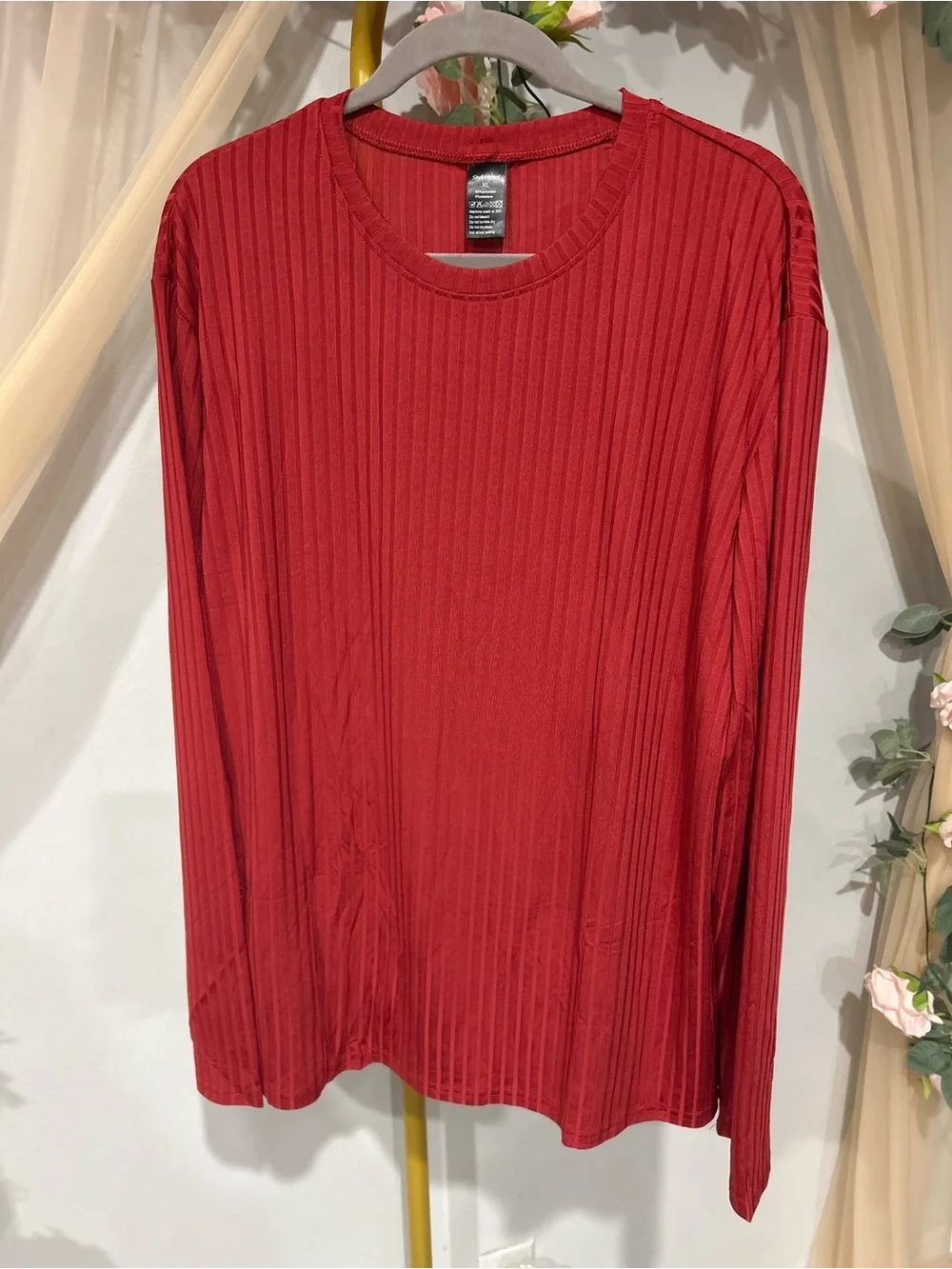 Sky & Wehyd XL Burnt Red Ribbed Long Sleeve Stretch Top
